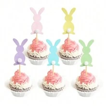 15pcs/10pcs/5pcs Cute Cartoon Easter Rabbit Cupcake Topper For Easter Birthday Party DIY Cupcake Dessert Baking Decoration - Multicolor - View 5