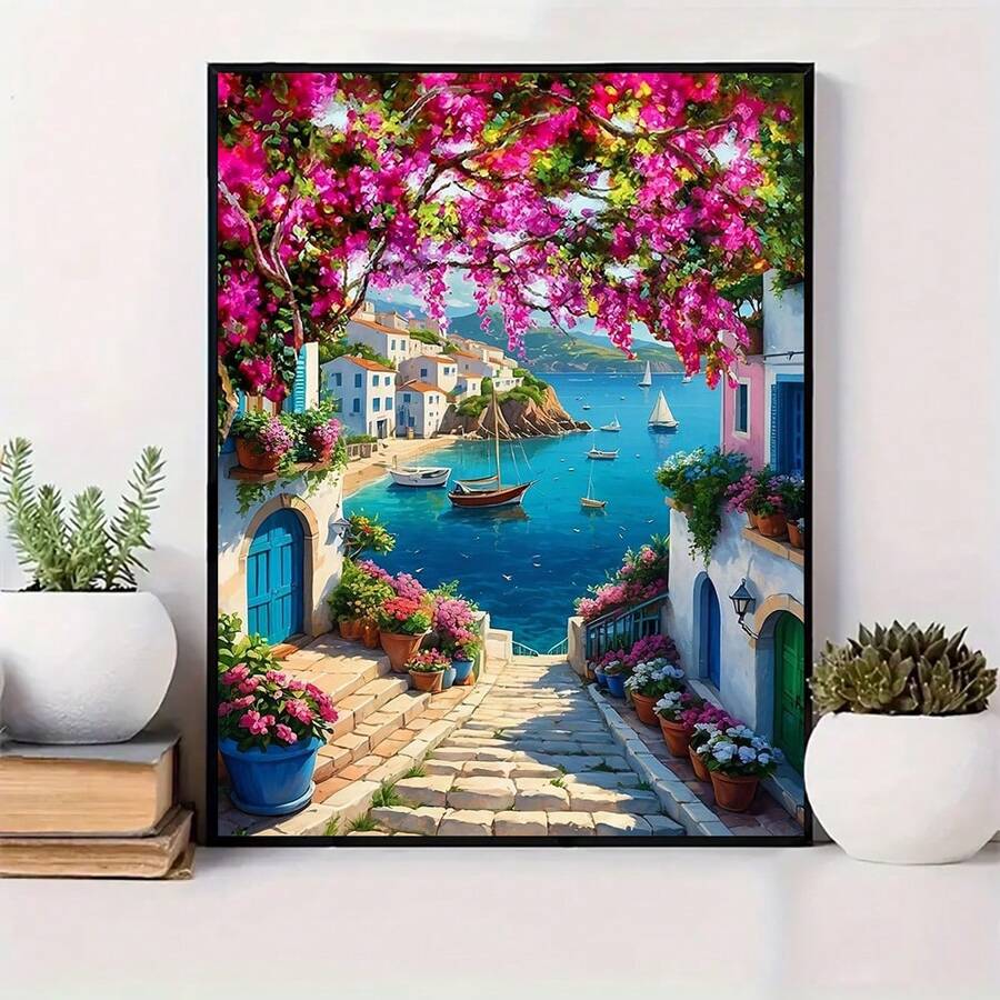 Kit digital de acrílicos DIY para adultos - Lienzo sin marco de 16x20 pulgadas, diseño de paisaje marítimo, floral y pueblito, lienzo enrollable sin arrugas, completo con pintura y pinceles, perfecto para principiantes, ideal para decoración del hogar y regalos únicos