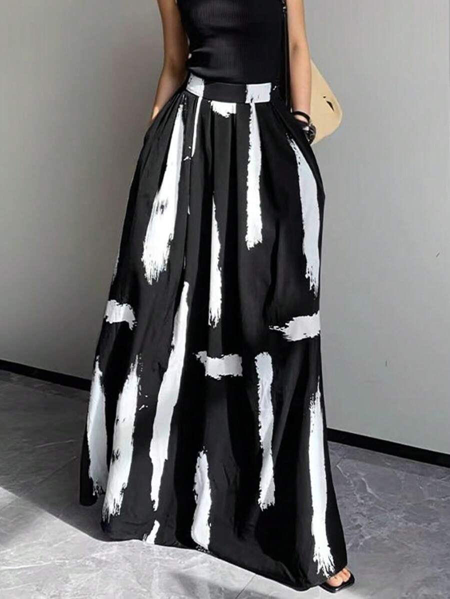 Women's Casual Loose Design Unique Ink Print High-End Slimming Skirt - 黑色 - 查看 1