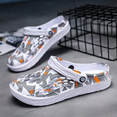 1 双男士轻便舒适网眼木屐、镂空防滑花园鞋、户外休闲夏季凉鞋、沙滩鞋、防滑厚底拖鞋（随机不对称印花）