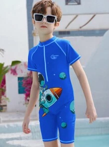 Tween Boy Astronaut & Rocket Print Zipper One-Piece Swimsuit