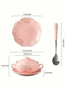 1 Set Dual-Ear Ceramic Bowls, 1 Bowl+1 Lid+1 Spoon+1 PlateFloral Pattern, Large Capacity Ceramic Plates, Soup Bowls, Salad Bowls, Noodle Bowls, Oven & Microwave , For Fruit, Pasta, Suitable For Gathering, Hot Pot, Picnic, Barbecue, Kitchen Tableware ﻿