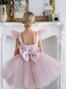 Tween Girl Butterfly Pearl Bow Tail Design Net Tulle Graduation Party Pink Princess Dress, Suitable For Girls Birthday Gift, Formal Gown, Wedding Bridesmaid Flower Girl, Holiday Celebration - 粉色 - 查看 6