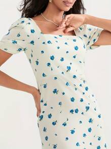 Womenacute;S Summer Midi Dress Casual Short Puff Sleeve Floral Print A-Line Dress Elegant Flowy Dress