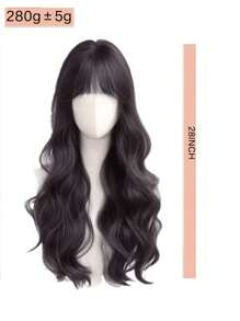 女士优雅 28 英寸长卷发合成假发，带黑棕色刘海，外观自然，适合日常使用 - 黑棕色 - 查看 3