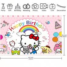 Sanrio 1 pezzo Striscione per festa di compleanno di Hello Kitty di Sanrio - Sfondo di compleanno felice con gatto kawaii carino, decorazioni per feste, telo da parete per sala delle feste, accessori studio, 210 x 150 cm / 150 x 100 cm / 100 x 75 cm