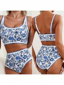 Women 2-Piece Bikini Swimsuits Floral Print U-Neck Bra And High Waist Briefs Sets For Summer Beachwear Bathing Suit - Màu xanh lam - Xem 4