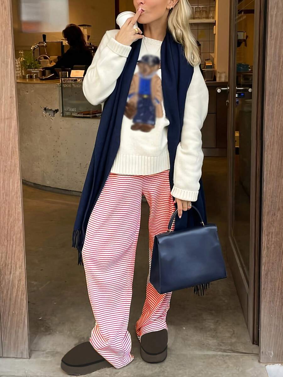 Women Loose Pants Stripe Drawstring Elastic Waist Trousers Spring Summer Casual Sweatpants Bottoms - Red - View 1