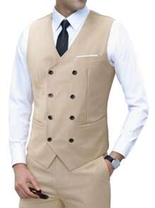 Conjunto de traje de 3 piezas de moda para hombre, con ajuste ceñido, de unicolor y elástico, que incluye chaleco cruzado, pantalones y traje formal/de negocios para cena - Beis - Ver 4