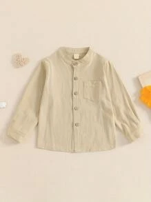 Camisa de color liso para niños de 3 a 8 años, con bolsillo en el pecho, cuello alto, manga larga, botones delanteros, para caballeros de otoño - Caqui - Ver 1