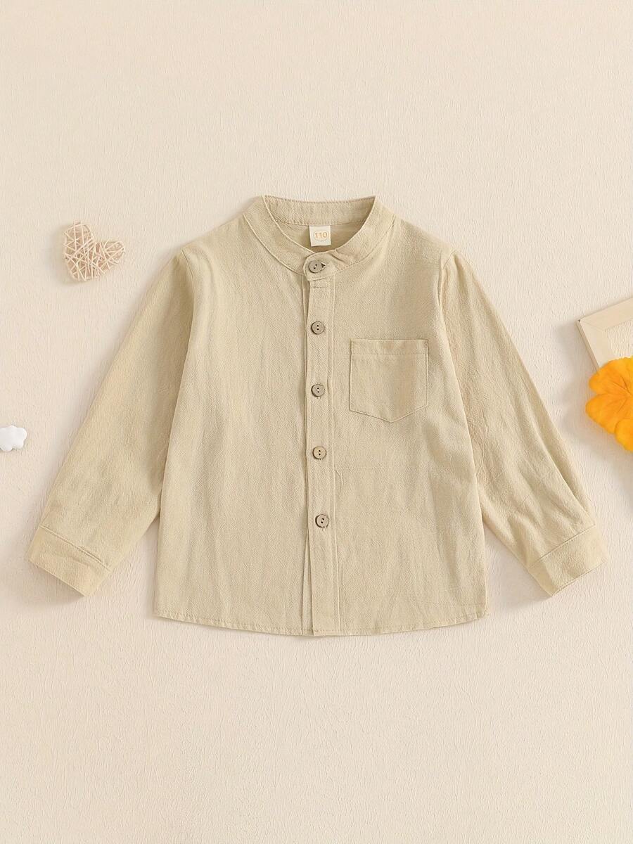 Camisa de color liso para niños de 3 a 8 años, con bolsillo en el pecho, cuello alto, manga larga, botones delanteros, para caballeros de otoño - Caqui - Ver 1