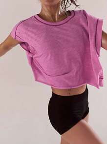 Women's Cap Sleeve Crewneck Twist Backless Slim Fit Solid Crop Tee Top