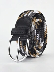 1pc Ivory Blue Woven Elastic Casual Belt For Men With Alloy Buckle, Stretchable Canvas Fashion Belt For Women No-Drill