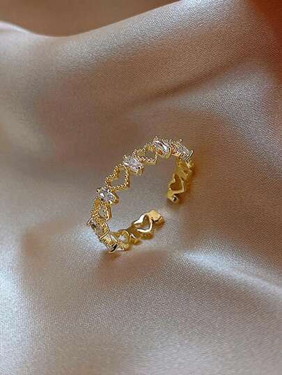 1pc Fashionable Personalized Hollow Out Heart-Shaped Copper Inlaid Open Ring Suitable For Daily Wear