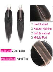 Brazilian 2x6 Lace Closure Straight Remy Human Hair Middle Part Bleached Knots Lace Closure Natural Black