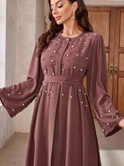 Kadınlar için Zarif Düz Renk Türk Tarzı İnci Süslemeli Uzun Kollu Kemerli Elbise, Abaya, Sade Bahar Tatili