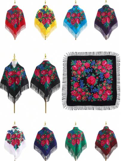 Chal clásico estampado para mujer, multicolor negro blanco rojo, gran peonía tradicional, elegante protección solar, cálido, con flecos, pañuelo para la cabeza