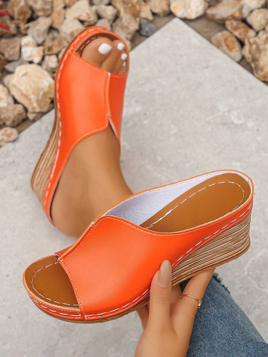 Sandalias de cuña con punta abierta de color marrón oxidado de PU de moda versátil de verano para mujer, sandalias de plataforma cómodas y ligeras de fácil puesta para uso diario al aire libre - Naranja - Ver 1