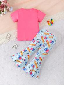 2pcs/Set Girls/Toddlers Casual Outdoor Pencil Print T-Shirt And Flared Pants Set, Summer
