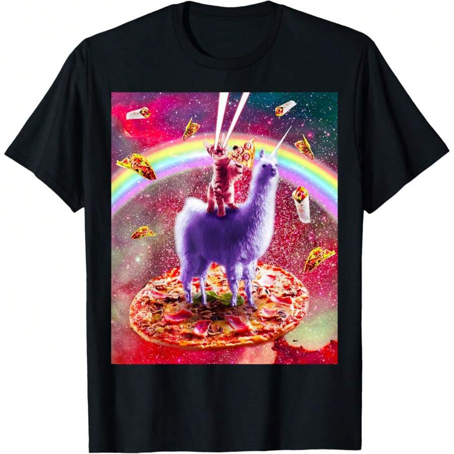 Laser Eyes Outer Space Cat Riding On Llama Unicorn T-Shirt, Oversized Short Sleeve Classic Heavy Cotton T Shirt Printed Graphic Tee Women's Casual Short-Sleeved Top - 黑色 - 查看 1