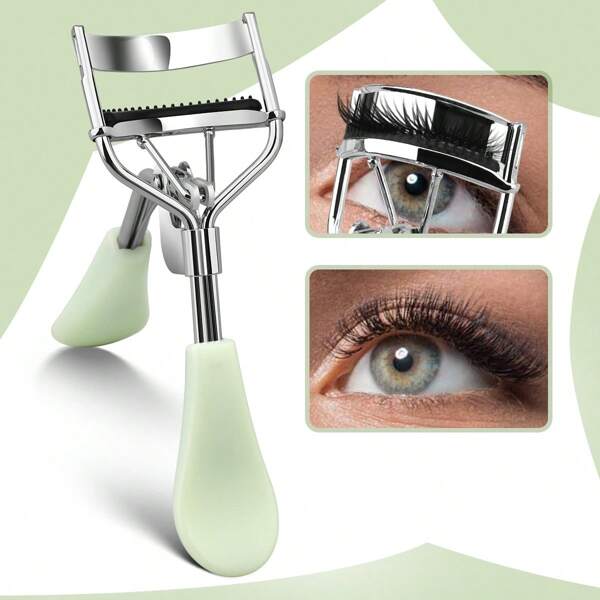 1pc Portable Eyelash Curler With Green Silicone Pad & Comb, Stainless Steel, Curls & Sets Lashes Easily For Daily Makeup
