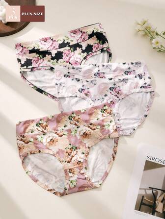 DORSU 3 件大码女式花卉印花高腰三角裤，90% 涤纶 10% 氨纶，针织面料，透气亲肤日常内衣