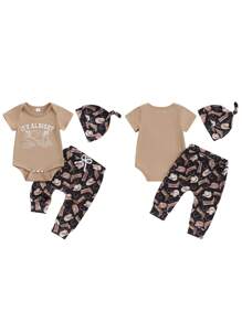 Baby Cowboy Outfit 3Pcs Set, Letter Print Romper, Boot Jeans  Hat Western Newborn Boy Clothes For Summer - 卡其色 - 查看 7