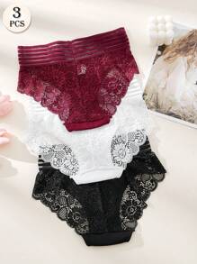 APRSEA Set de 3 bragas de mujer con cintura de encaje semi-transparente, bragas cómodas de talle alto