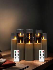 9 件/套电池供电闪烁无焰 LED 柱状蜡烛，带遥控器和 2/4/6/8 小时定时器，亚克力 LED 蜡烛（2.3 英寸 X 5 英寸、6 英寸、7 英寸） - 灰色 - 查看 5