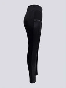 2 piezas Pantalones de talle alto de mujer en unicolor, leggings de uso diario casual de piel sintética con parches y bolsillos con cremallera, ropa de mujer