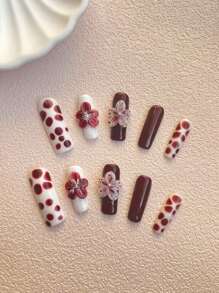 10 Pieces Pure Handmade Wearable Nail 33 Square Nail Type Pure Handmade Faded Small Flower Craft 3d Three-Dimensional Carving Craft Fashion Versatile Can Be Given To Friends And Girlfriends' Birthday Holiday Gifts Can Be Reused And Worn Press On Nails