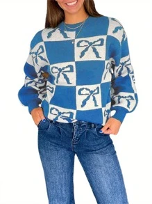 Women's Checkered Knitted Sweater Bow Patterned Drop Shoulder Long Sleeve Round Neck Ribbed Tops - Blue - View 2