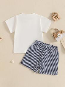 Baby Toddler Boy Shorts Set Whale/Dinosaur/Turtle Short Sleeve T-Shirts Striped Elastic Waist Shorts 2 Piece Summer Outfit