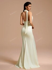 Vestido largo maxi elegante de unicolor con cuello en V profundo y abertura, con corbata de moño y volantes, detalle floral en la cintura, adecuado para ocasiones formales, bodas y fiestas