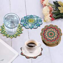 6pcs Sunflower, Mandala Floral Pattern Wooden Coasters, Round Shape, Anti-Slip Tabletop Art Coasters For Adults, Office, Tea House, Home, Crafts & Gifts