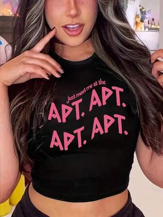 Apt Letter Print Crew Neck Short Sleeve Fitted Streetwear T-Shirt