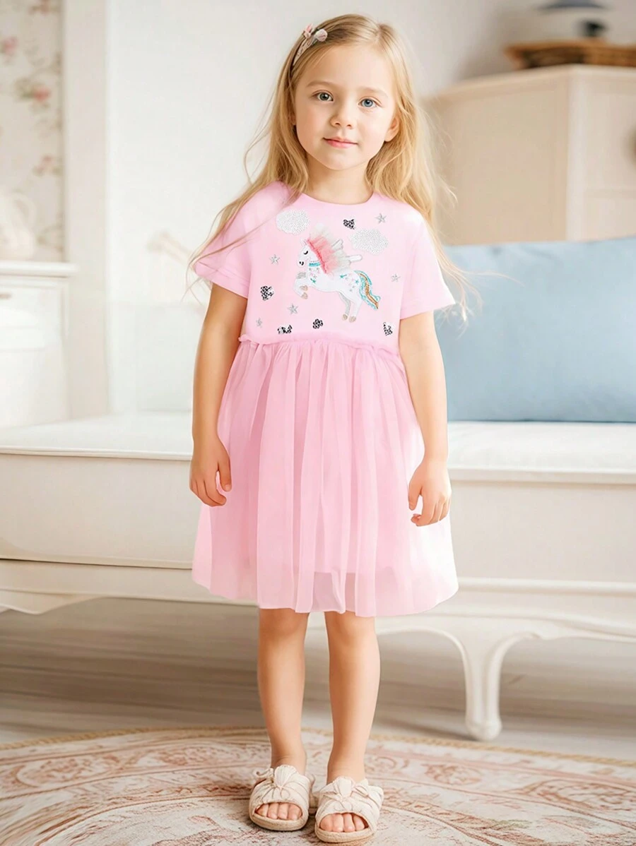 Toddler Girls Unicorn Tulle Dress - Short Sleeve Party Dress With Shiny Unicorn Print - Fuchsia Princess Dress