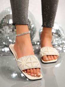 Sandalias planas de lujo para mujer, grandes tamaños antideslizantes de tacón bajo para primavera, verano y otoño de 2024, zapatillas casuales y versátiles para vacaciones, playa y hogar, impermeables con cristales y rhinestone