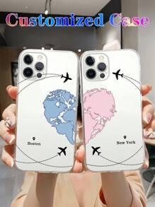 定制心形地图情侣手机壳，情人节礼物，可印情侣名字，周年纪念礼物，生日礼物（送给她），防震透明加厚手机保护壳，适用于三星S20、S21、S22、S23、S24、A12、A14、A15、A21、A22、A31，兼容 11/13/14/15、Pro Max 16、Pro Max，国际版，非国内版 - 無色 - 查看 1