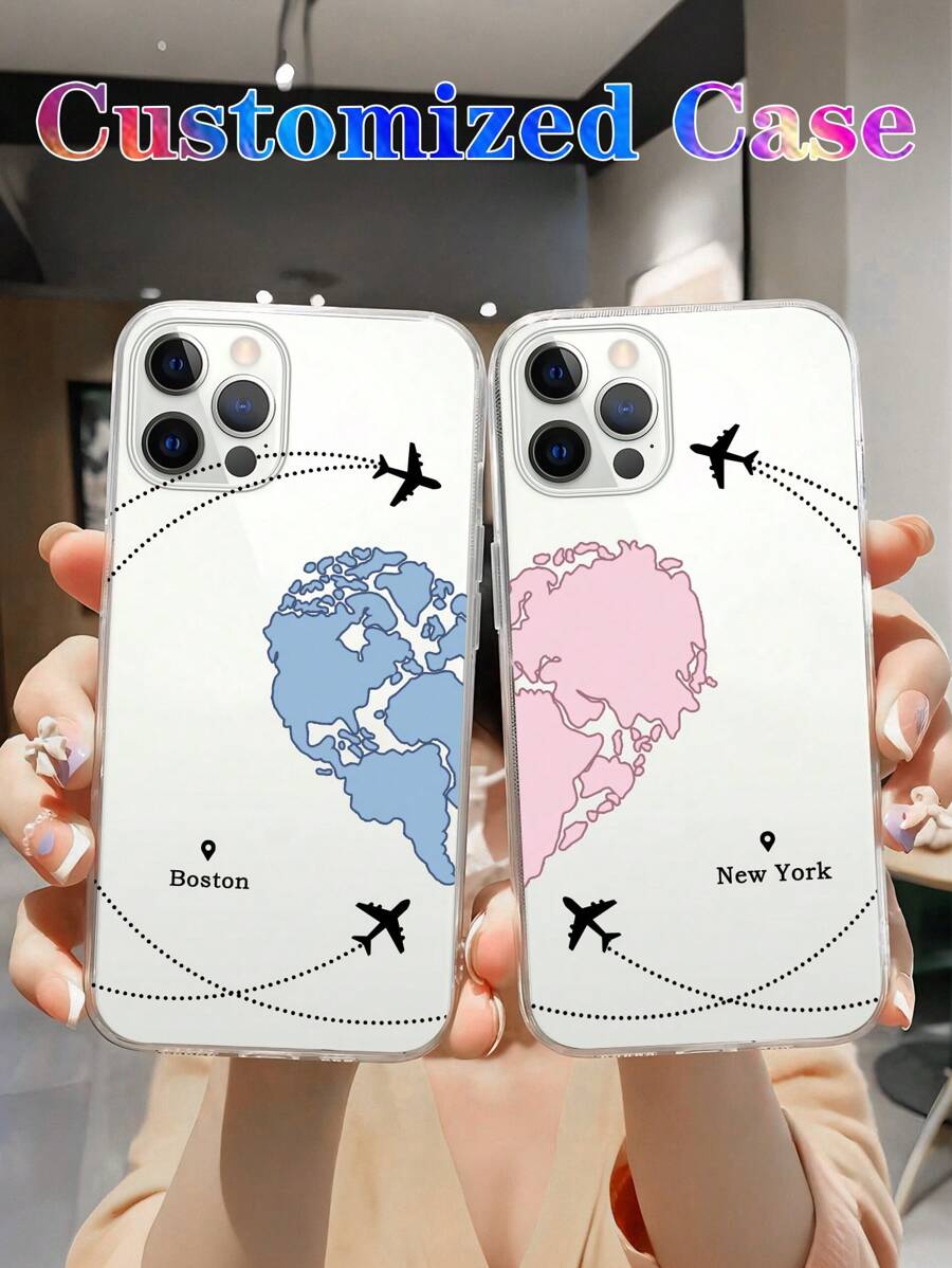 定制心形地图情侣手机壳，情人节礼物，可印情侣名字，周年纪念礼物，生日礼物（送给她），防震透明加厚手机保护壳，适用于三星S20、S21、S22、S23、S24、A12、A14、A15、A21、A22、A31，兼容 11/13/14/15、Pro Max 16、Pro Max，国际版，非国内版 - 無色 - 查看 1