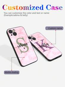 Customized Pink Gradient Marble Color Initial Letter Signature Design Shockproof Phone Case, Personalized Signature Phone Case, Suitable For Girl's Birthday Gift, Valentine's Day Gift. Customizable Name Color Phone Case, Personalized Colorful Letter Anti-Drop Thick Black Phone Case Cover For S20, S21, S22, S23, S24, A12, A14, A15, A21, A22, A31,  11/13/14/15 Pro Max, 16 Pro Max - Black - View 6