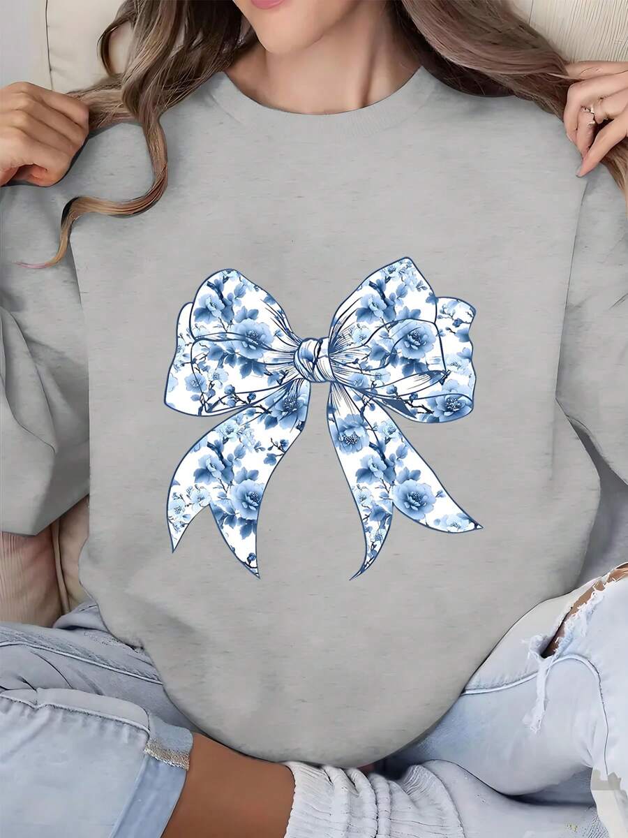 Sudadera con cuello redondo y estampa de lazo azul, lavable a máquina, diseño casual de manga larga - Ropa de punto cómoda para mujer para todas las estaciones - Gris - Ver 1