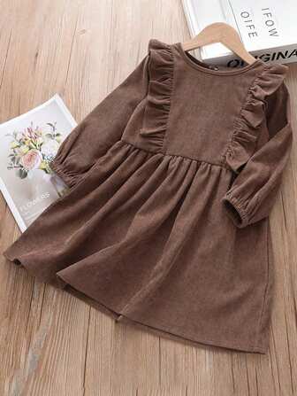 Young Girl Casual Loose Corduroy Ruffle Edge Long Sleeve Dress, Spring & Autumn