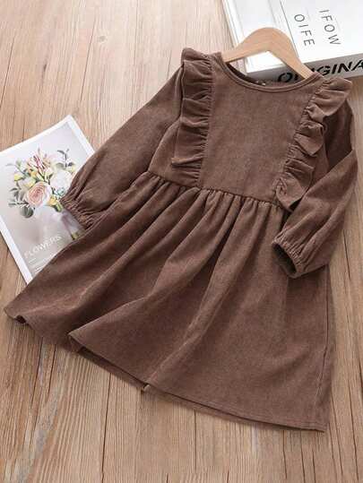 Young Girl Casual Loose Corduroy Frill Trim Long Sleeve Dress, Spring & Autumn