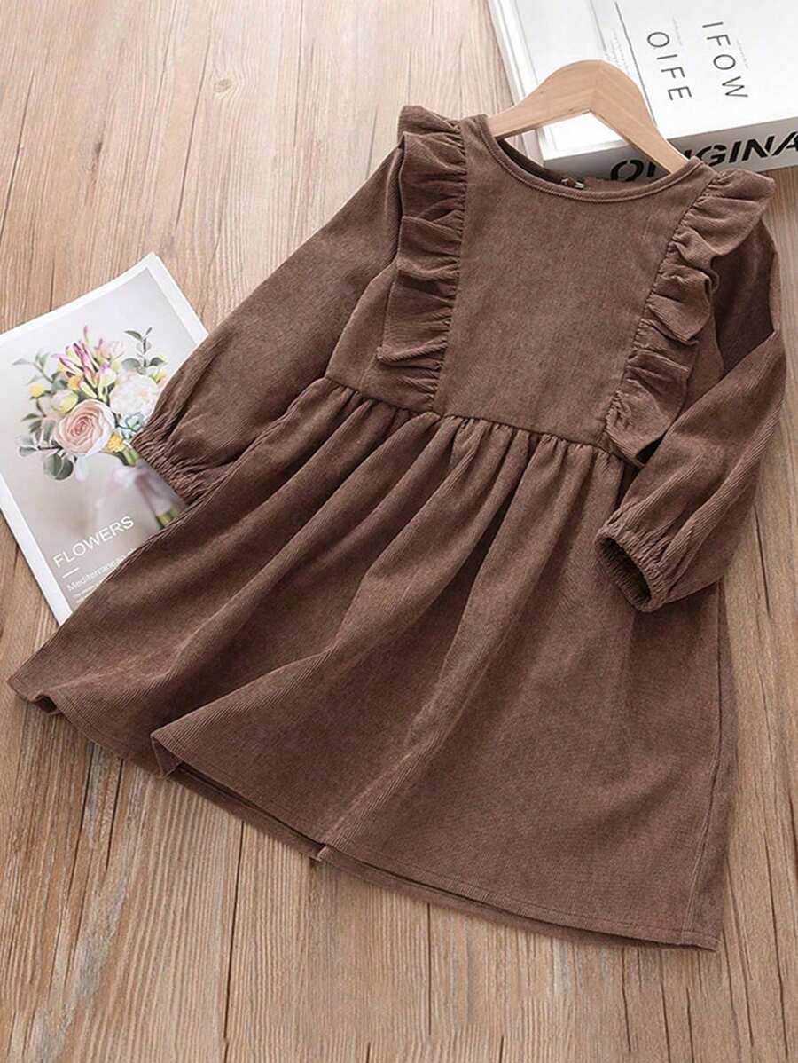 Young Girl Casual Loose Corduroy Frill Trim Long Sleeve Dress, Spring & Autumn - Brown - View 1