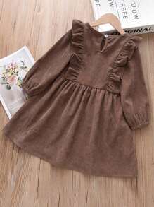 Young Girl Casual Loose Corduroy Frill Trim Long Sleeve Dress, Spring & Autumn - Brown - View 2