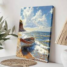 Wrapped Framed Canvas Vintage Wall Art Print Serene Beachscape With Boat - Artful Home Decor For Living Room, Bedroom, Bathroom, Office