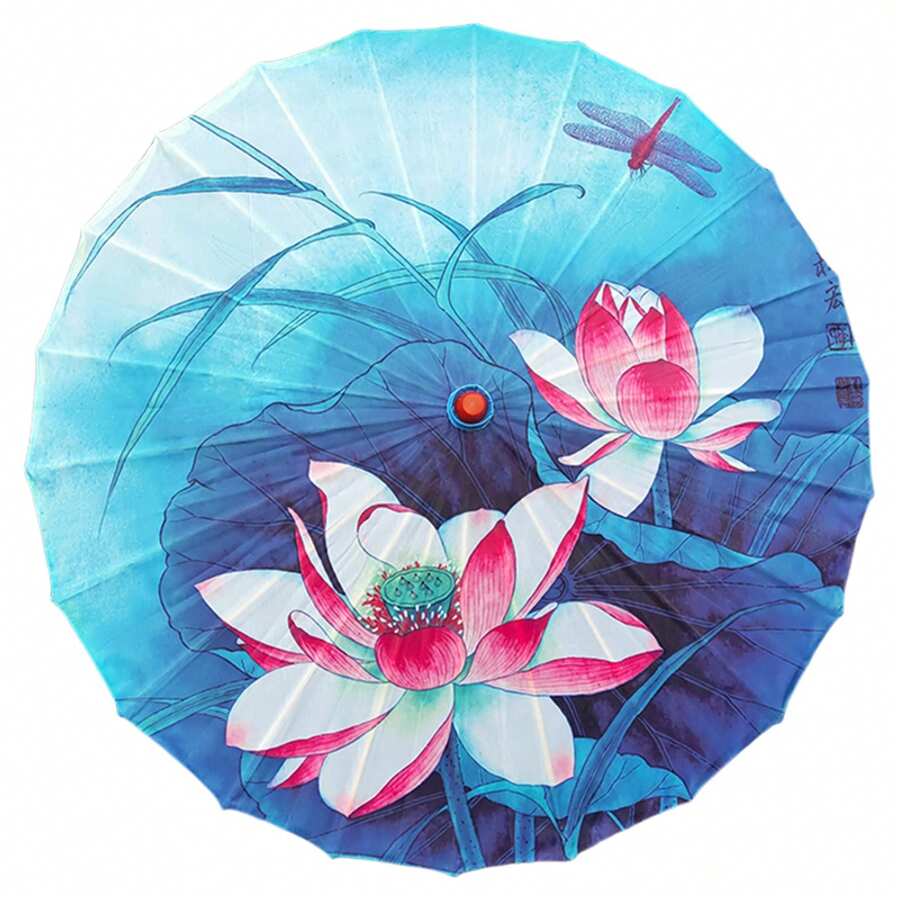 Chinese Floral Umbrella With Peony, Plum Blossom  Lotus Designs, One-Size-Fits-All, Perfect For Elevating Your Holiday Look, Available In Various Colors - Blue - View 1