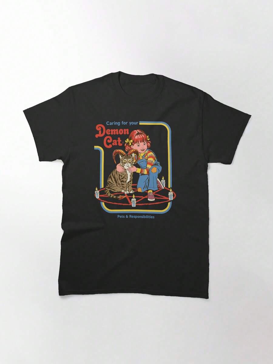 Caring For Your Demon Cat Classic T-Shirt, Women's T-Shirt, 220g Pure Cotton, Casual Crew Neck, Ideal For Social Events, Weekend Escapes. - 黑色 - 查看 1