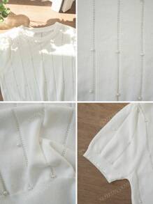 Camiseta de manga corta tejida blanca para mujeres, diseño con cuentas huecas y cuello redondo, chic y juvenil, para verano